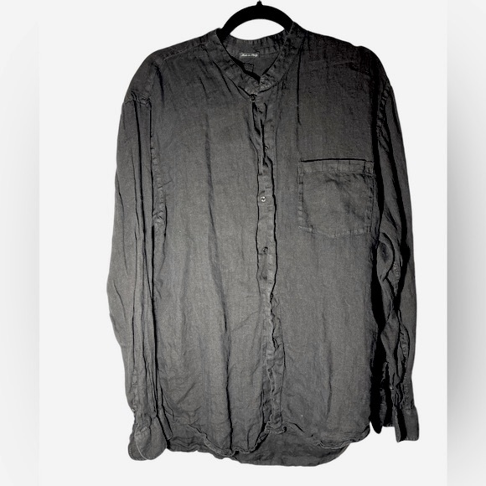 120% Lino Italian Made Mandarin Collar Black Linen Button-Down Tunic shirt top